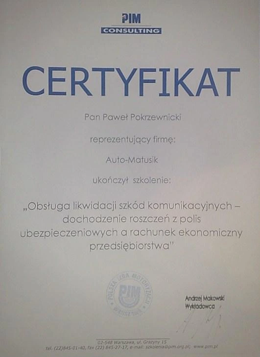 Certyfikat PIM obsługi likwidacji szkód komunikacyjnych