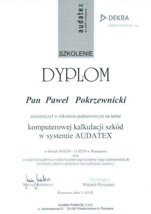 Komputerowa kalkulacja szkód w systemie AUDATEX - dyplom
