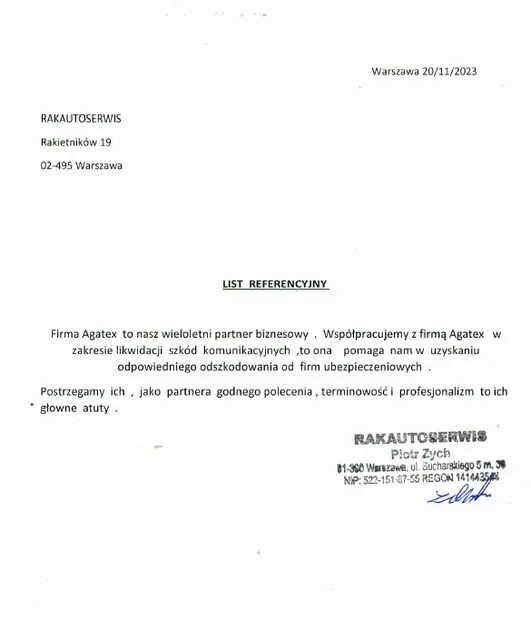 referencje od RAKAUTOSERWIS dla firmy AGATEX-BLS