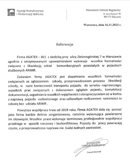 referencje od ARiMR dla firmy AGATEX-BLS