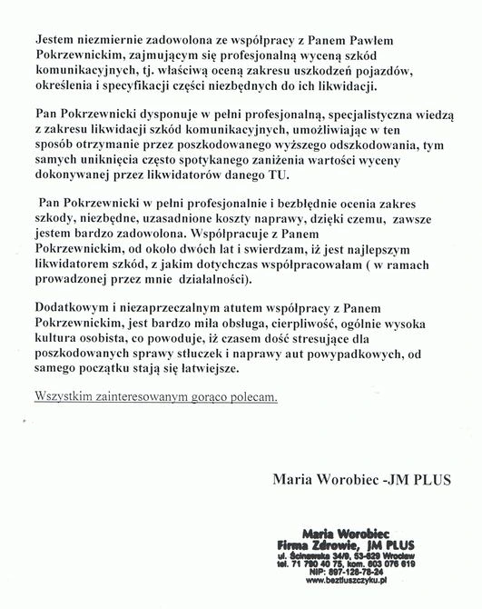 Referencje od firmy Zdrowie JM Plus z Wrocławia